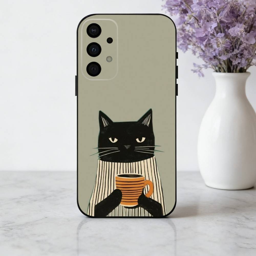S-Striped C-Coffee Cat phone Case For Samsung Galaxy A73,A72,A71,A70,A53,A52,A51,Others Soft Black Shell