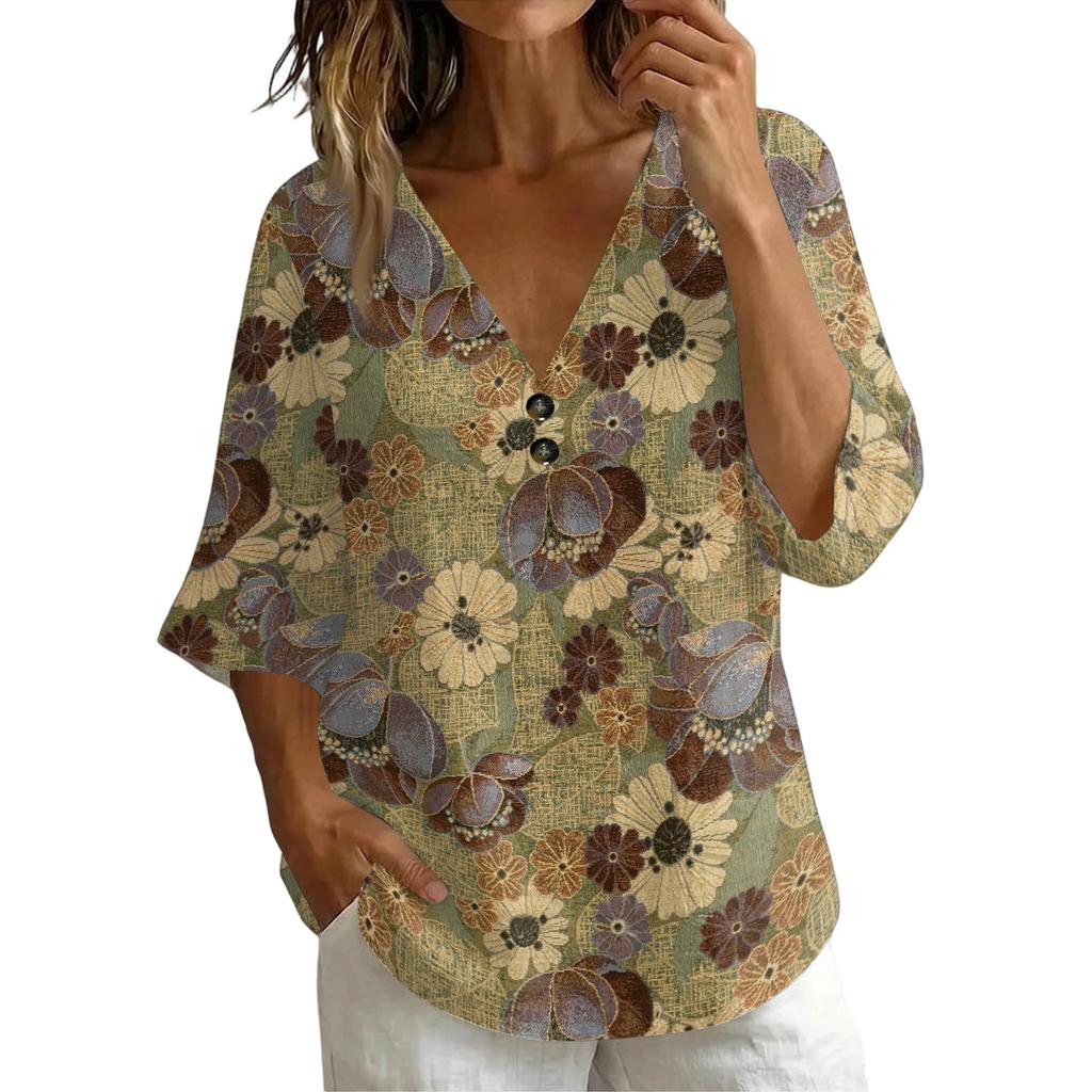 Women's Vintage Floral Print V Neck Short Sleeve Loose Fit T Shirt Made with Linen Blend Fabric Casual Summer Top for Daily Wear