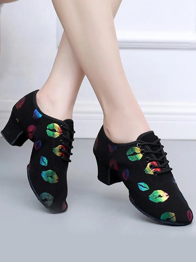 Colorful Oxford Cloth Dance Shoes Colorful Lip Print Women s High Heel Latin Dance Shoes Belly Dance Training Shoes 36