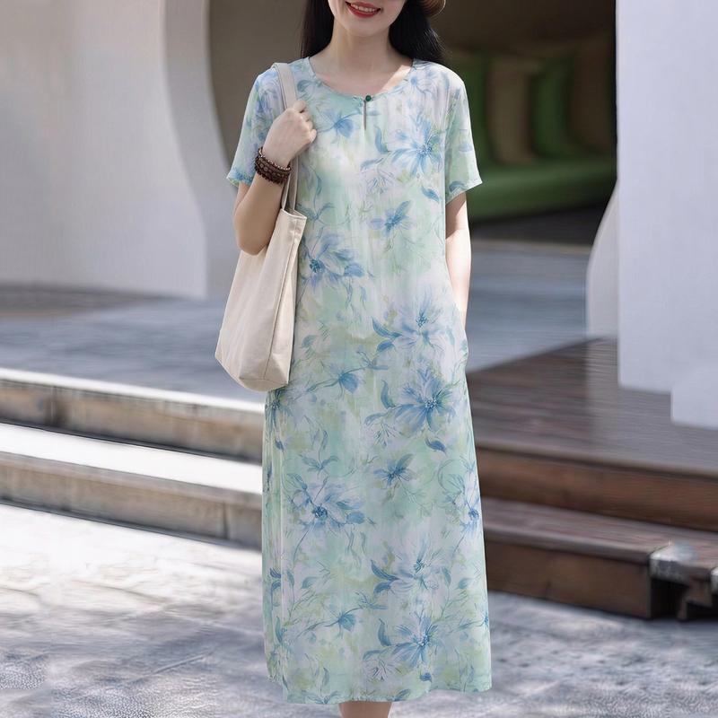 Abiti lunghi eleganti da donna Taglie forti Abito vintage a maniche corte allentato Abbigliamento estivo da donna di mezza età