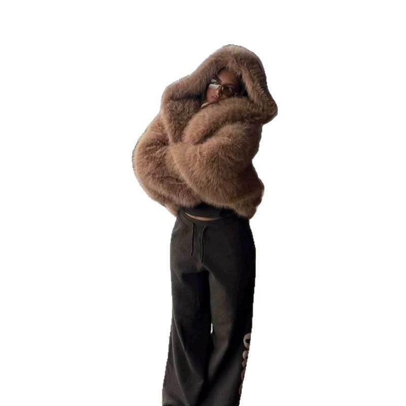 European and American fox fur coat women's autumn and winter hooded fur coat short Ins wind imitation fur coat