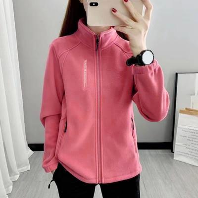 Women Coat Stand Collar Zip-up Polar Fleece Sport Style Long Sleeves Zipperes Pockets Solid Color Thick Plush Jacket Thermal Cardigan Exercise Coat