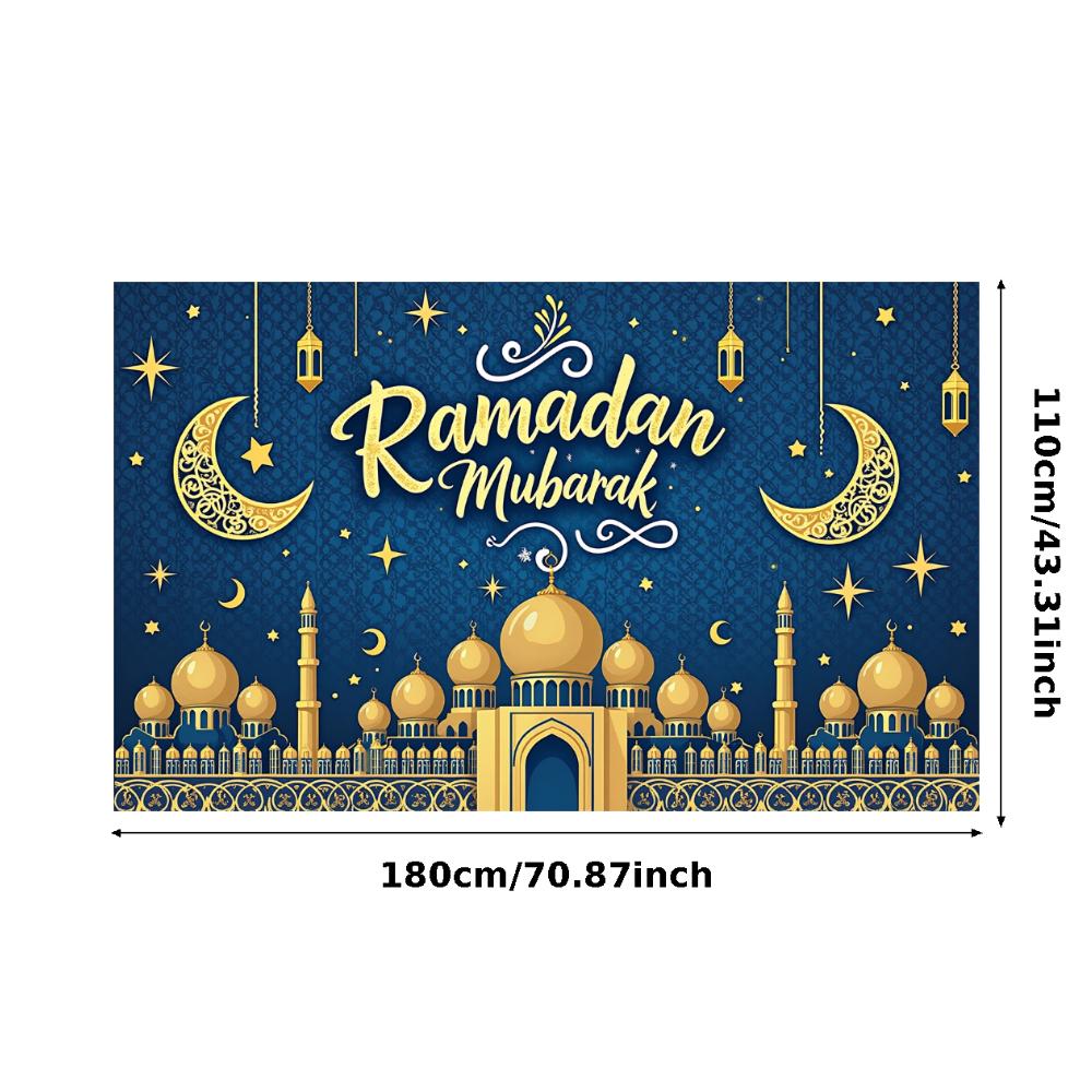 Crescent Moon Banner Blue Background Ramadan Mubarak Banner Ramadan Party Polyester Material Islamic Decoration For Holiday