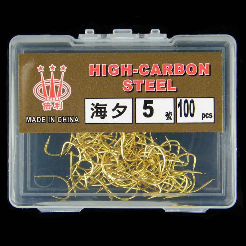 100Pcs Boxed Haiyu Fish Hooks Barbed Gold Hooks Wild Fishing Long Shank Black Pit Fishing Tackle Supplies