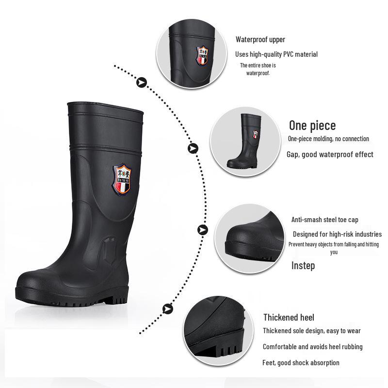 Jun Deng Men's High-Top Waterproof Anti-Smash Puncture-Resistant Work Boots - Durable, Thick-Soled Rain Boots for Construction Sites.