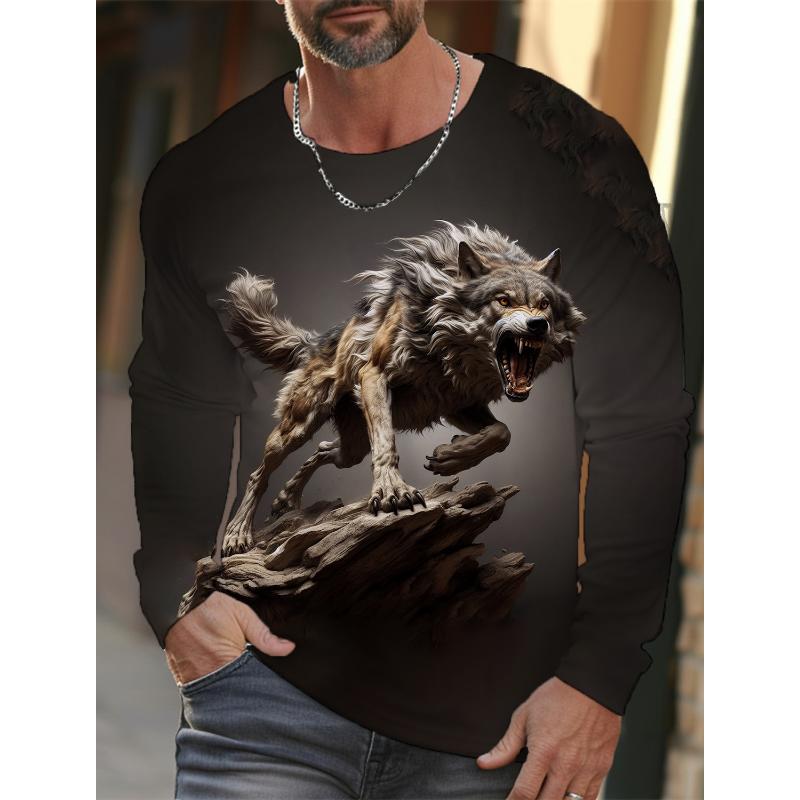 2024 Neues Langarm-T-Shirt für Herren mit 3D-Druck und hochauflösendem Wolf-Tierdruck für Herren im Herbst, lässiges T-Shirt mit Rundhalsausschnitt