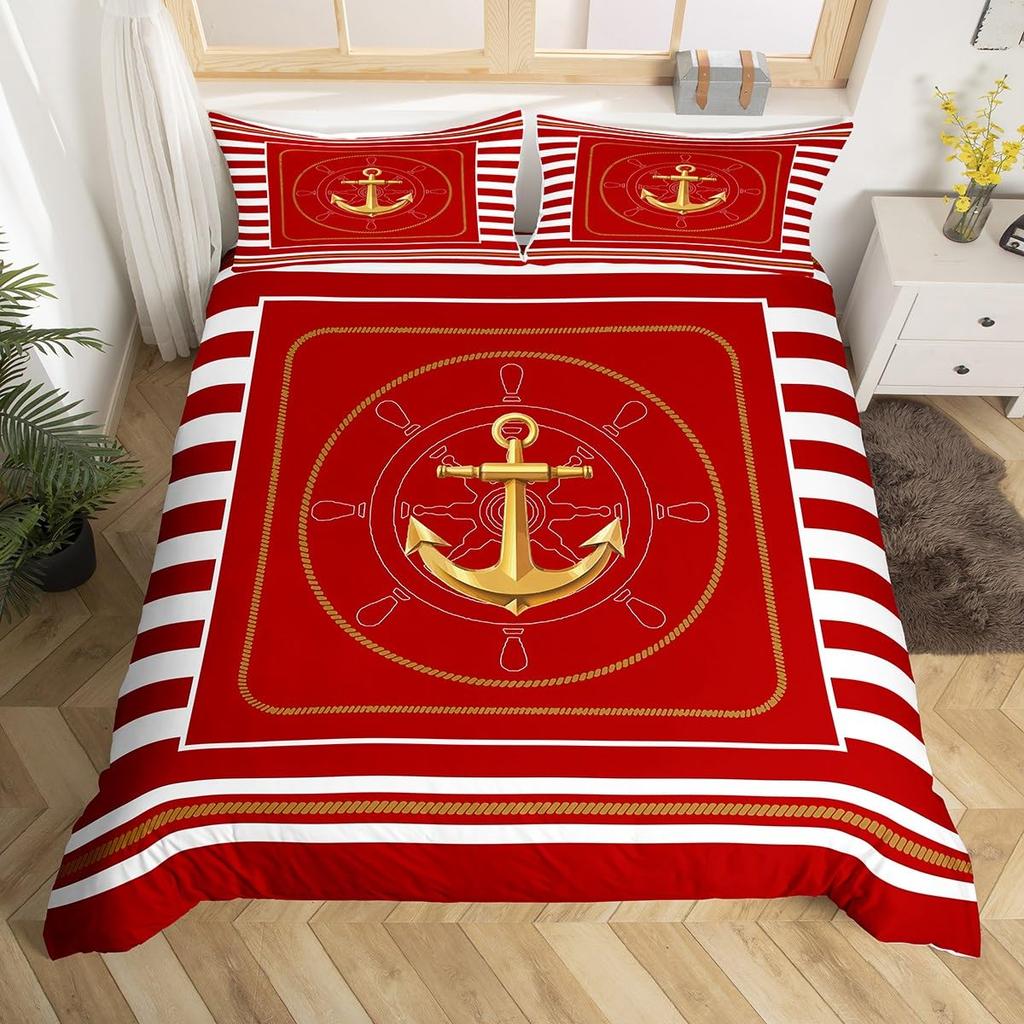 Anchor Compas Soft Duvet Cover Nautical Warm Comforter Cover Ful King Geometric Stripes Beding Set Coastal Adventure Theme Comfortable Quilt Cover