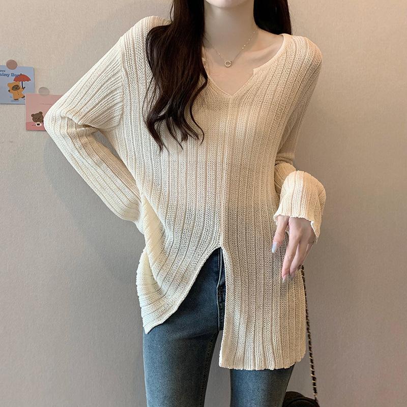 

Топ с длинным рукавом, дизайн свитера, трендовая рубашка-основа с разрезом для женщин, осень и зима, V-образный вырез, теплый свитер, свитер One Size