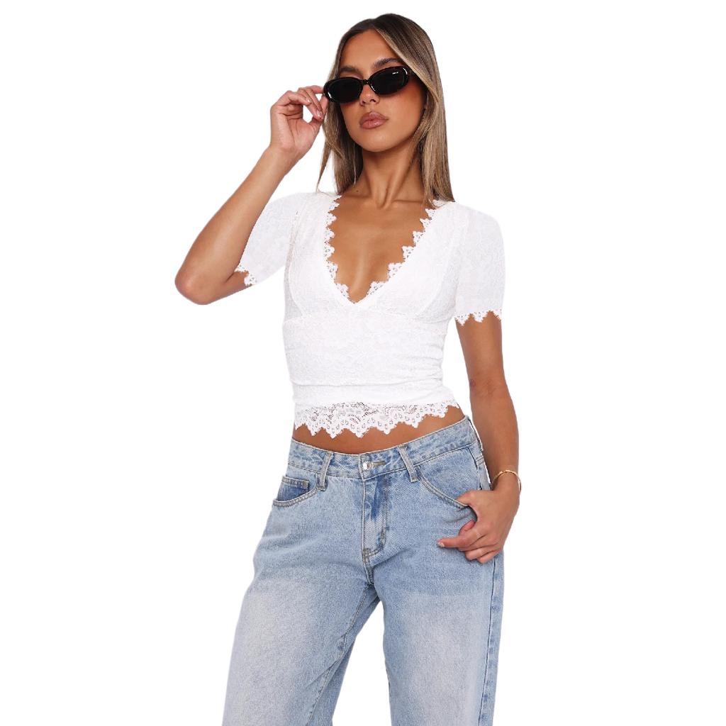 Camisas de renda sexy de manga curta para mulheres, corte baixo, renda transparente, malha, top curto para sair, moda urbana