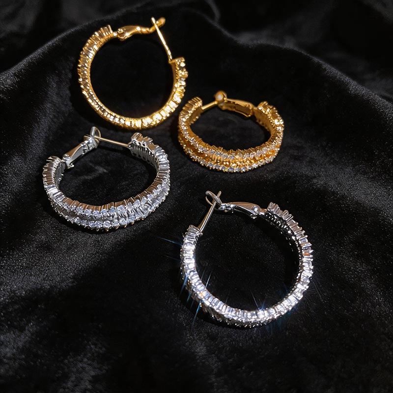 Silver Needle Cubic Zirconia Round Hoop Earrings - Luxury Niche Style, European & American Fashionable Ear Jewelry.