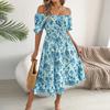 Women's Bohemian  Square Neck Puff Sleeve Short Sleeve-Blue L