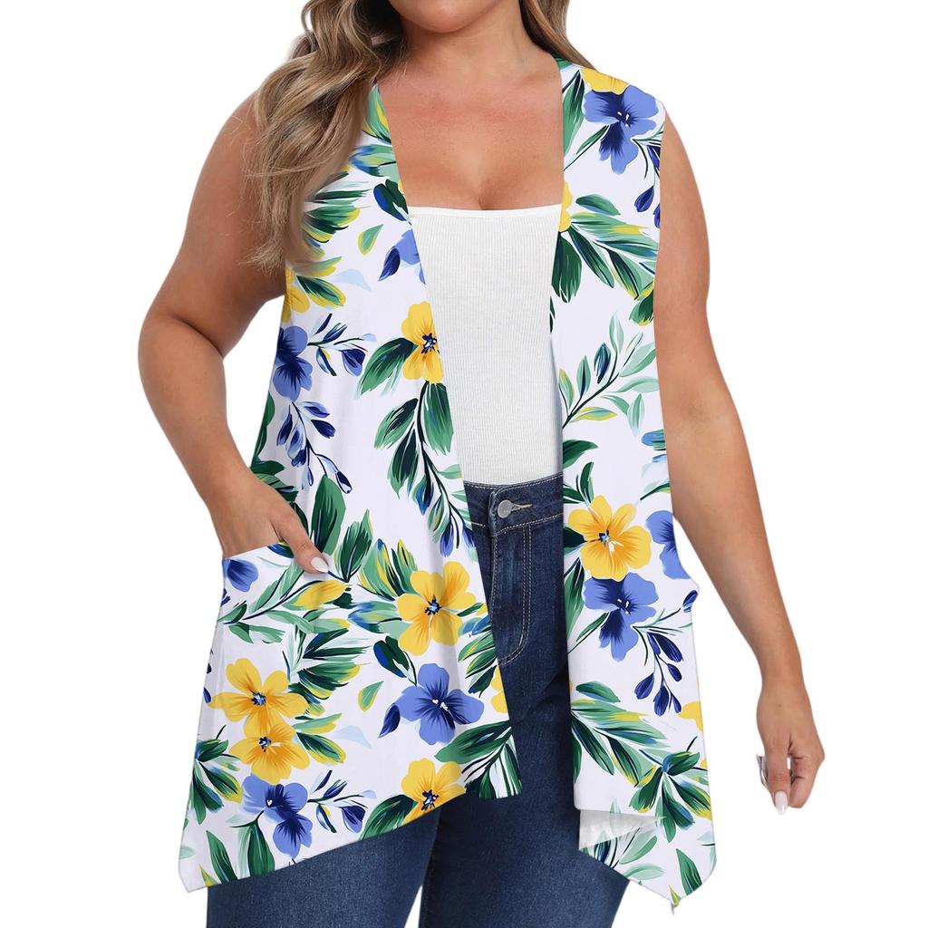 Women's Oversized Loose Casual Printed Sleeveless Vest With Pocket Cardigan Jacket Cardigan Jacket