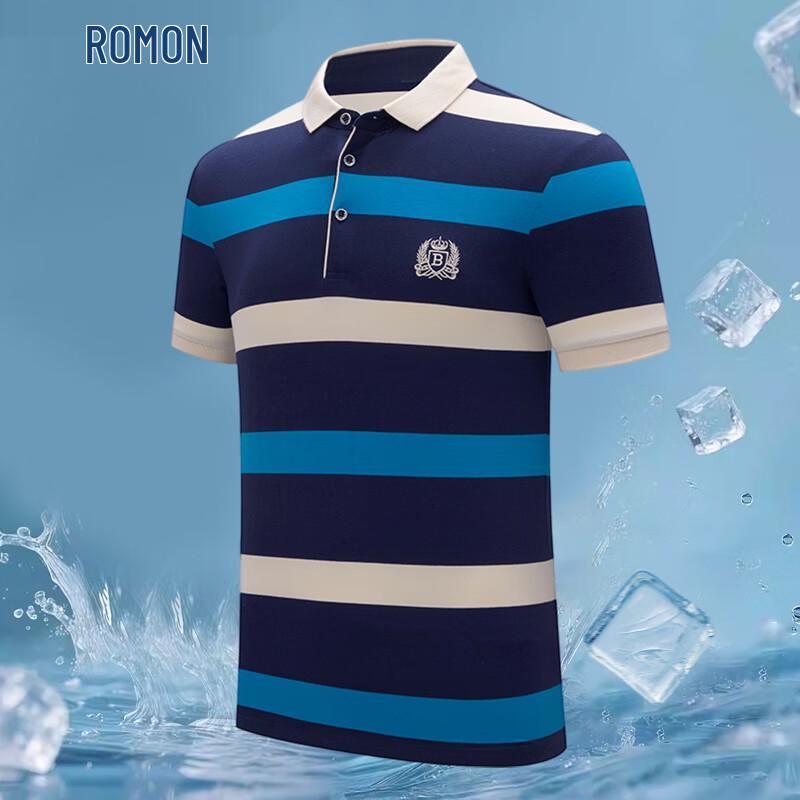 ROMON Men s Summer Striped Business Casual Polo Shirt XL
