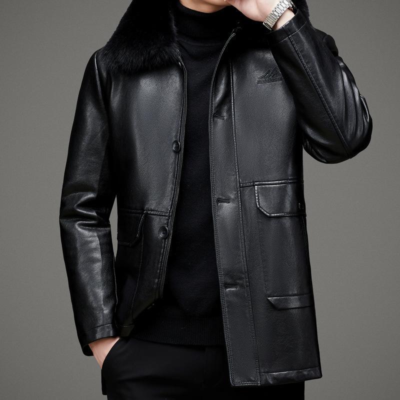 Genuine Leather Jacket Men's Casual Thickened Short Lapel Down Jacket Jacket Plus Cashmere Sheepskin Jacket Winter