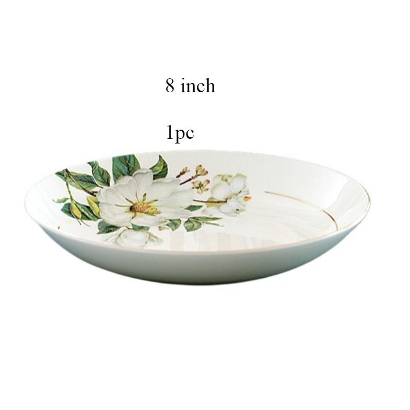 

8-дюймова тарілка з тонкої кістяної порцеляни класу люкс з золотим обідком - Порцелянова кругла тарілка Камелія, глибока тарілка, елегантний посуд для дому або вечірки 1pc