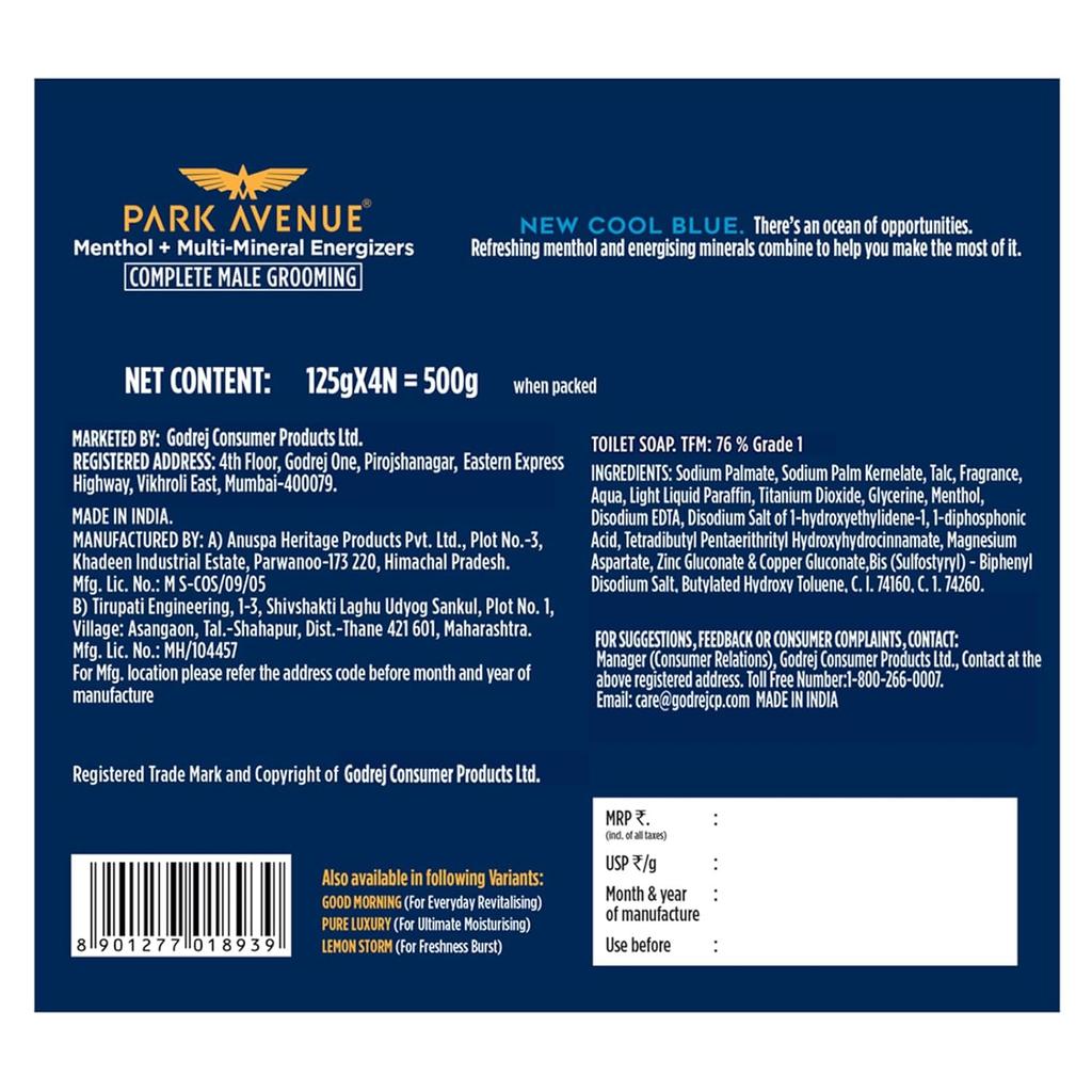 Park Avenue Premium Mens Soap Cool Blue 125g X 4N Refreshing Menthol Mineral Energizer For All Skin Types