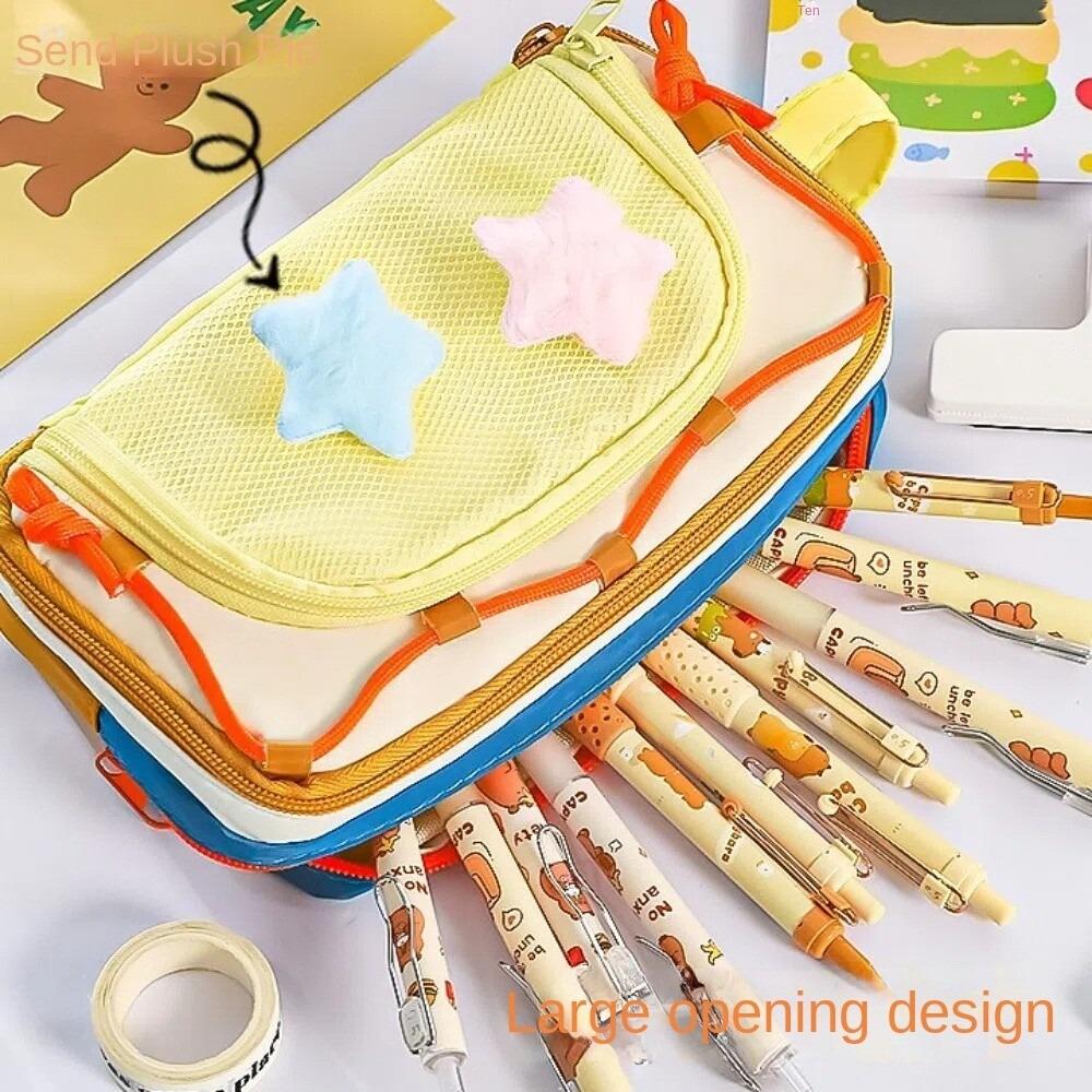 Multiple layers Pencil Cases with 2 Plush Stars Students School Supplies Large Capacity Pen Bag