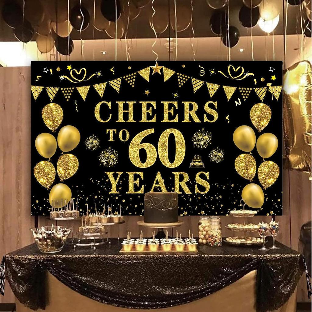 Trgowaul 60th Birthday/Anniversary/Wedding Decorations for Women Men, Cheers to 60 Years Banner, Black and Gold 60th Birthday Backdrop, 60 Bday