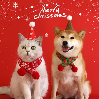 Ensemble de Noël pour animaux de compagnie 2024 pour chats et chiens, Écharpe en tricot à carreaux et flocons de neige, Collier et Chapeau 3D à pompon, Couvre-chef