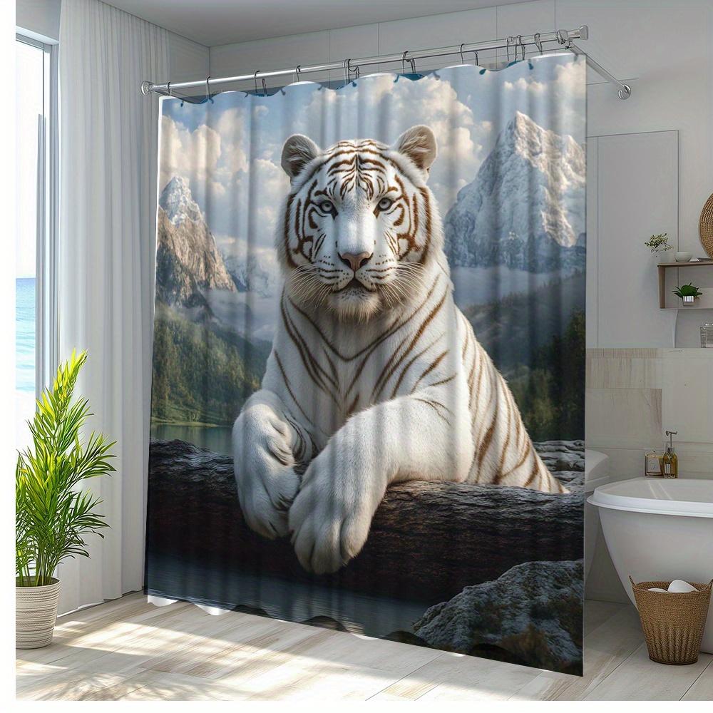 1pc Majeic White Tiger Shower Curtain - Scenic Mountain View with Majestic Tiger Design, Durable Polyester Fabric, Machine Washa