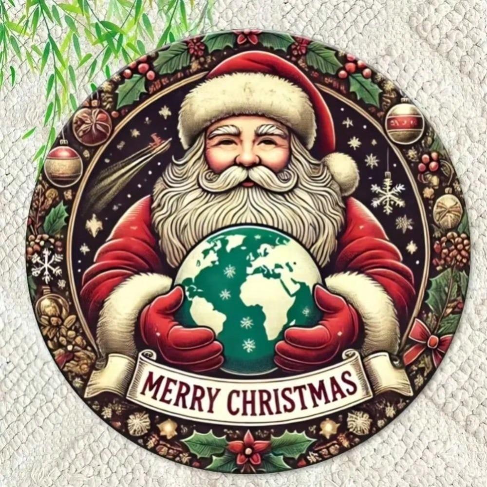 Christmas Santa Claus 2D Metal Wall Art Round Iron Sign Durable Windproof Waterproof Home Decor