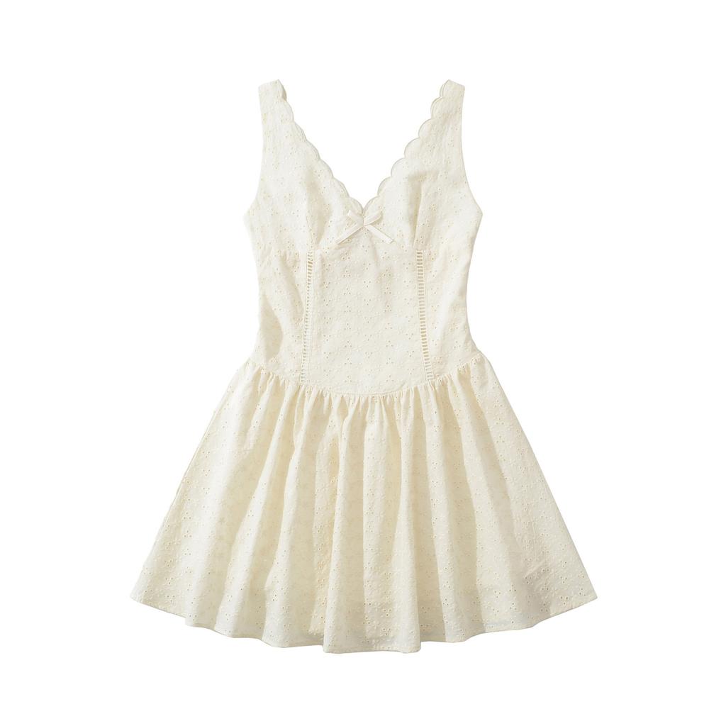 French romantic sexy deep V-neck bow embroidered lace waist thin A word short dress pure desire dress women's summer
