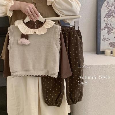 2025 Autumn Girls' Korean Long-Sleeve Knit Vest & Polka Dot Pants Set