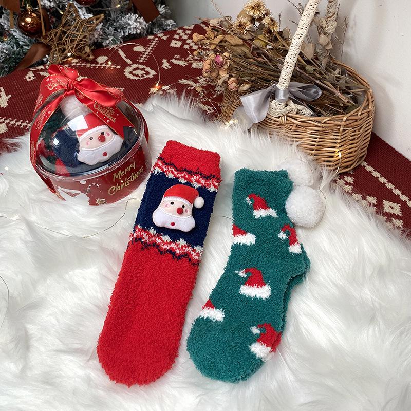 

2 пары рождественских носков из кораллового флиса - женский дизайн Санты, толстые и теплые, идеальная подарочная коробка. One Size