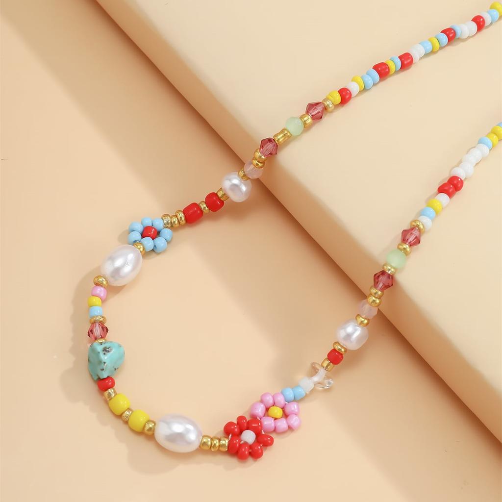 Blumen Dekor Perlenkette Handgefertigt Bunt Vintage Schlüsselbeinkette Regenbogen Rocailles Imitationsperlenkette