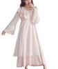 Deep Eyes Princess Nightgown Long Sleeve Bell Sleeve Dress Pajamas Ruffle Lace Pajamas [DEEPEYES] #02 (L, Pink)