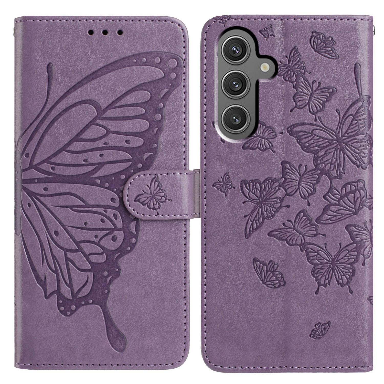

For Samsung Galaxy A34 5G Case Butterfly Imprinted Wallet Stand PU Leather Flip Phone Cover with Strap Purple