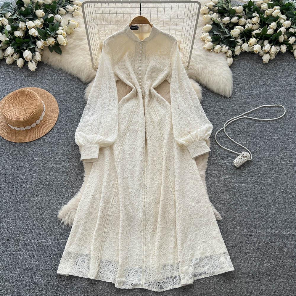 

Французький придворний стиль сукні Жіноча Осінь Висококласна Однобортна Талія і Тонкий Темперамент Мереживні Довгі Сукні XL абрикосовий