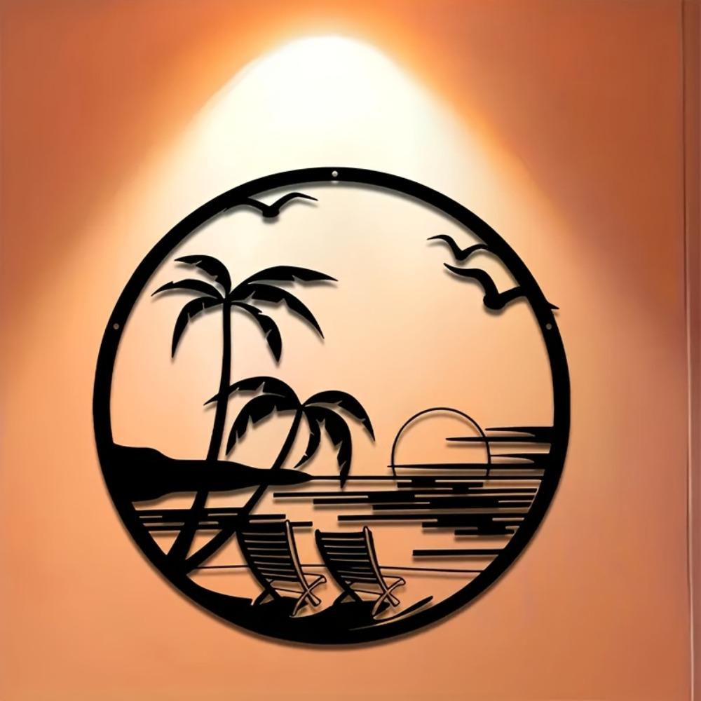 Metal Wall Art Beach Sunset Palm Tree Chair Silhouette Patio Balcony Decor