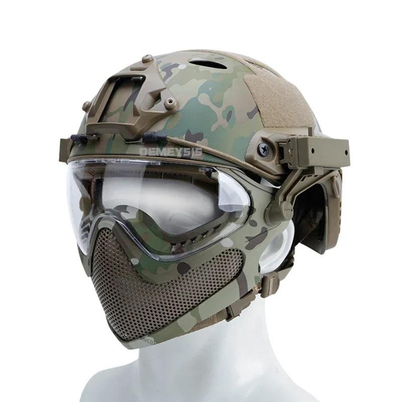 Tactical Helmet   Mask   Goggle Sets Outdoor Airsoft Paintball Helmet with Goggles FAST PJ Helmets CS Game Full Face Protection