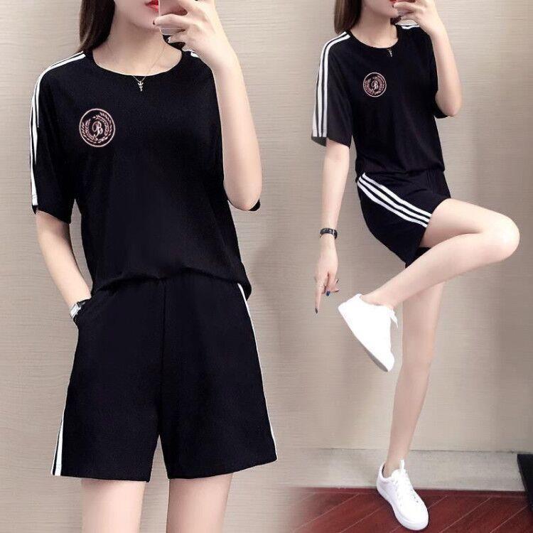 Leisure Sports Outfit - Loose-fitting Fashionable Summer Dress with Short Sleeves and Shorts. Running Suit Set In Two Pieces. Fashionable Summer Wear.
