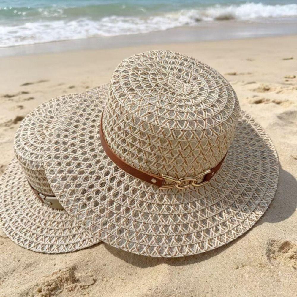 Woven Flat Top Hat Buckle Decorated Band Flat Brim Hat Versatile Straw Hat Daily Matching