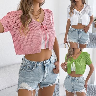 Damen Uni Herz Ausgeschnitten Bindevorn Kurzarm Cropped Strick Cardigan Bolero Top