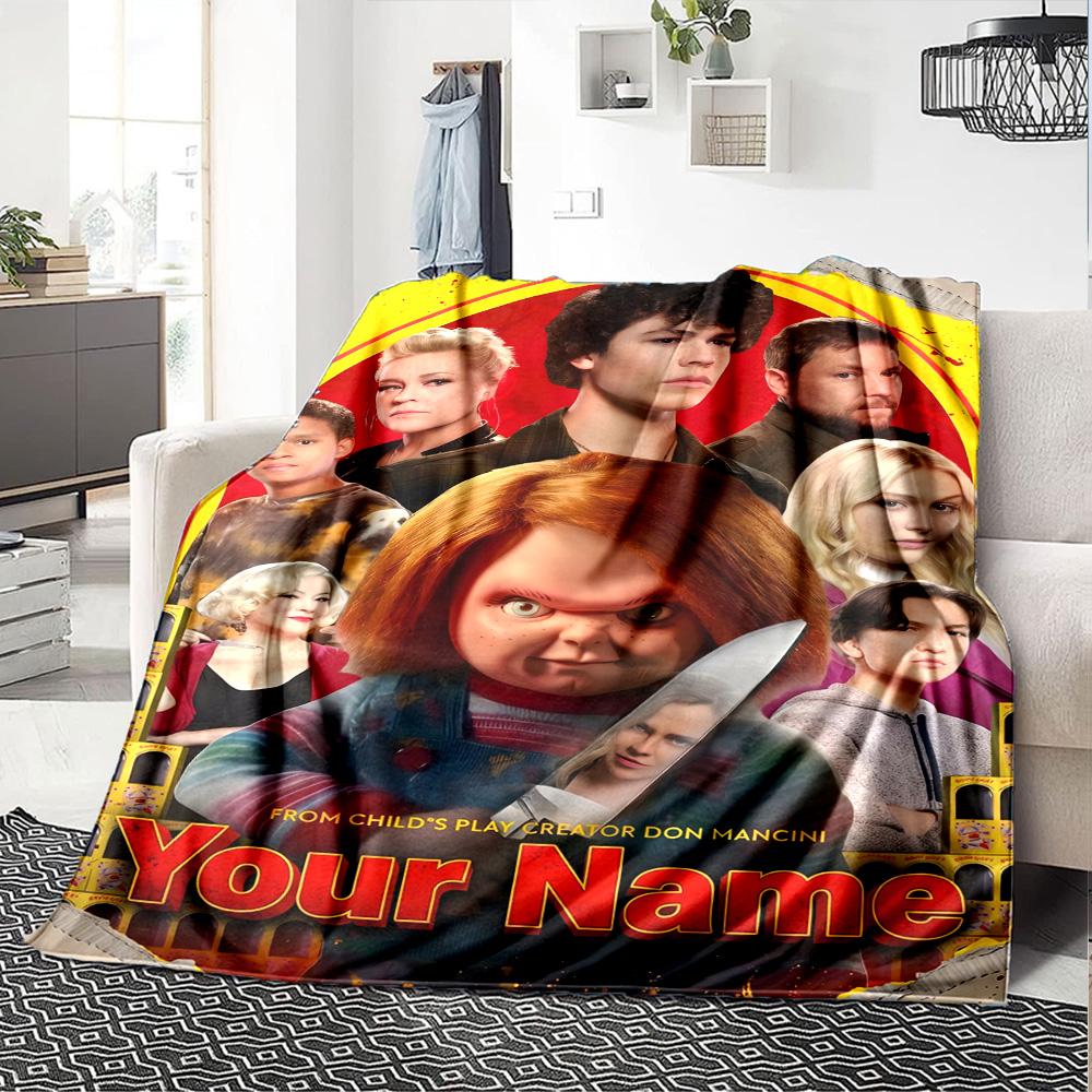 1pc Chucky Blanket with Custom Name, Gift, for Men and Women, Soft Blanket, Good for Sofa Bed Couch Travel, Lightweight Flannel Blanket