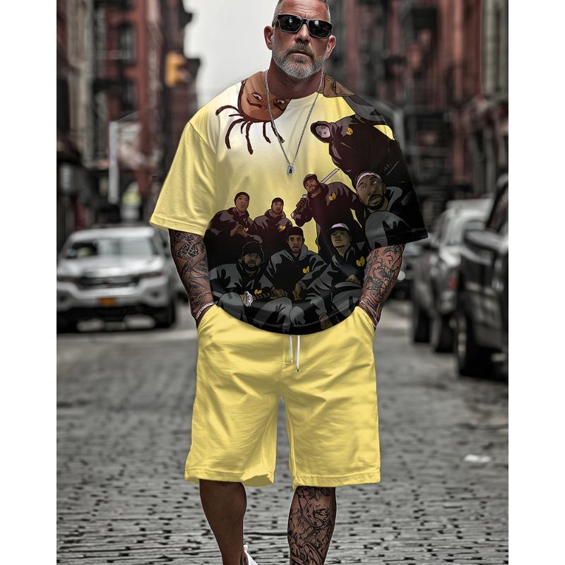 

Men s Summer Casual Outfit - All Over Print Hip-Hop Legends Short Sleeve T-Shirt and Shorts Two-Piece Set 4XL