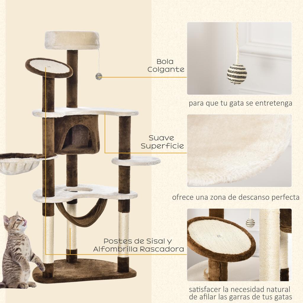 Cat Tower, Large, 65 x 50 x 153 cm, Platforms, Hammock, Cave, Brown