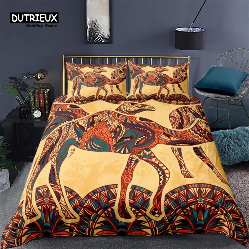 Egyptian Bedding Set Exotic Tribal Retro Theme Ancient Egypt Civilization Characters Duvet Cover Boho Animals Floral Pillowcases