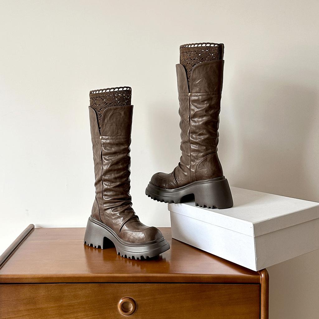 Niche Design Round Head Pleated Heightening Thick-soled Boots Temperament Versatile Maillard Thin Thick Heel Knight Boots Women