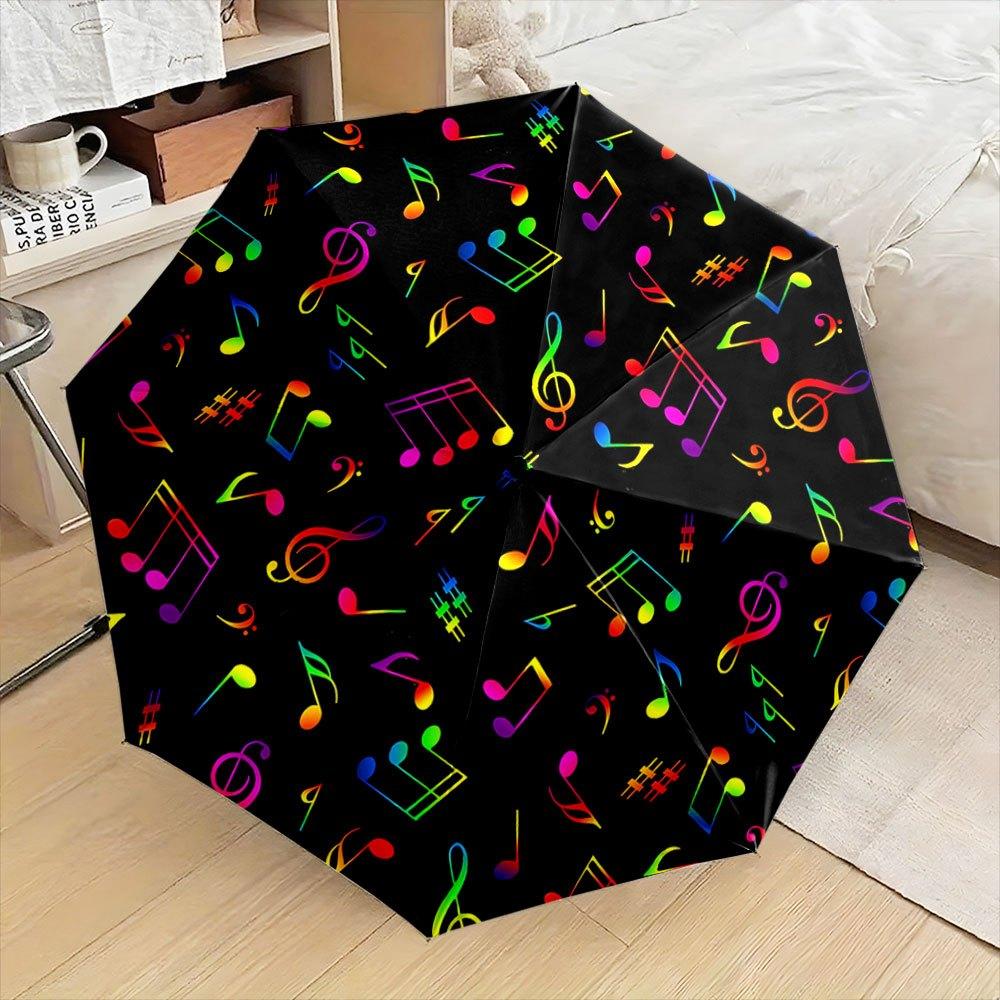 Folding umbrella Colorful musical notes pattern, black background. Creative portable folding umbrella Christmas and other holi Iron&8K
