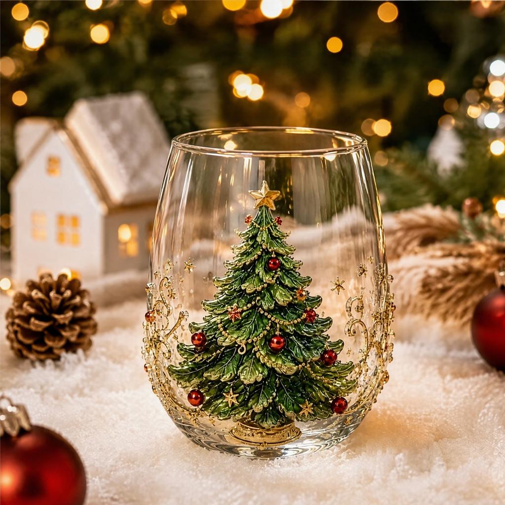 Glass Art Christmas Cup Holiday Festive Drinkware Santa Snowman Reindeer Tree Gift 4.72in for Friends Family