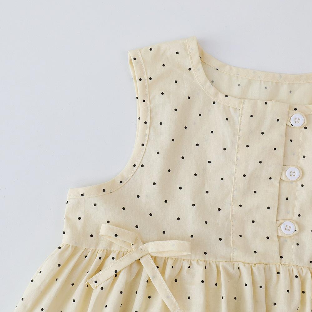 Baby Girl's Casual Clothing Round Neck Sleeveless Polka Dot Top+Wide Leg Pants Set with Bow and Botton Summer 2PCS Set