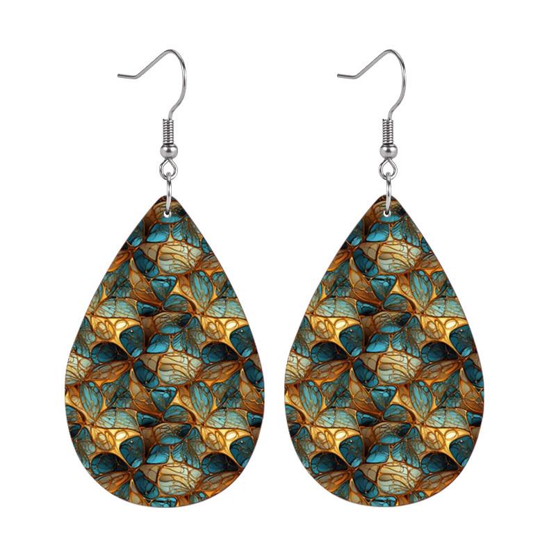 Chic Boho Palace Style PU Drop Dangle Earrings for Women, Vintage Floral with Geometric Double Sided Hoop Earring, Women's Fashion Drape Earrings