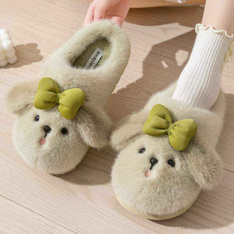 Soft Cute Dog Fleece Warm Cotton Slippers Women Autumn Winter Cartoon Versatile Anti Slip Thick Sole Plush Slippers