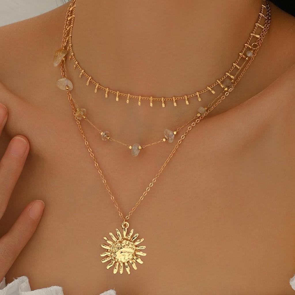 Elegant Sun Pendant Necklace - Layered Handmade Gravel Chain Style
