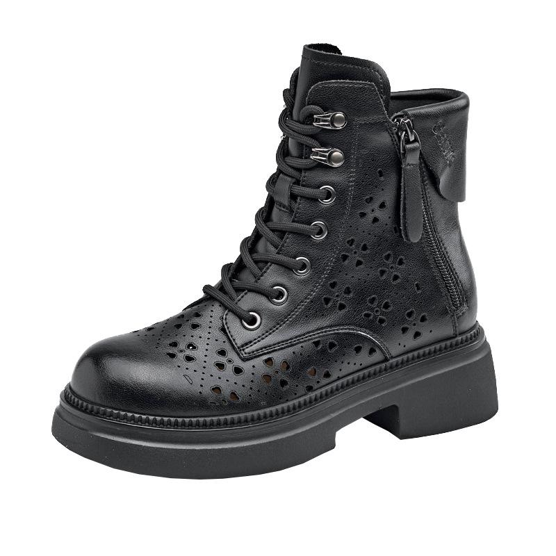 Leather Hollow Martin Boots Women's Platform Double Side Zipper Women's Leather Boots Lace-up Casual Shoes