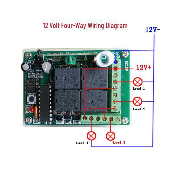 DC12V 4-Way Remote Switch with Wood Grain 4-Key Remote & NO/NC Relay